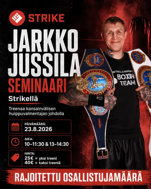 Treenaa kansainvälisen huippuvalmentajan johdolla!Jarkko Jussilan kamppailuseminaari Strikellä sunnuntaina 23.8. 🔥Päivä sisältää kahdet 1,5 tunnin treenit ja ruokatauon niiden välissä.🕙 10.00–11.30
🕐 13.00–14.30💥 Yksi treeni 25 €
💥 Molemmat 40 €Paikkoja rajoitetusti. Varmista omasi ajoissa Strike Boxing -sovelluksesta!#nyrkkeily #strikehki #helsinki #urheilu #kamppailulajit